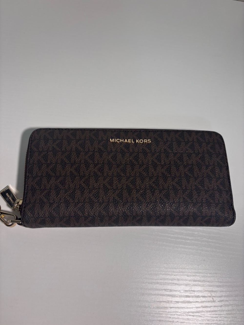 Michael Kors Dark Brown Logo Zip Card Holder with Gold Hardware